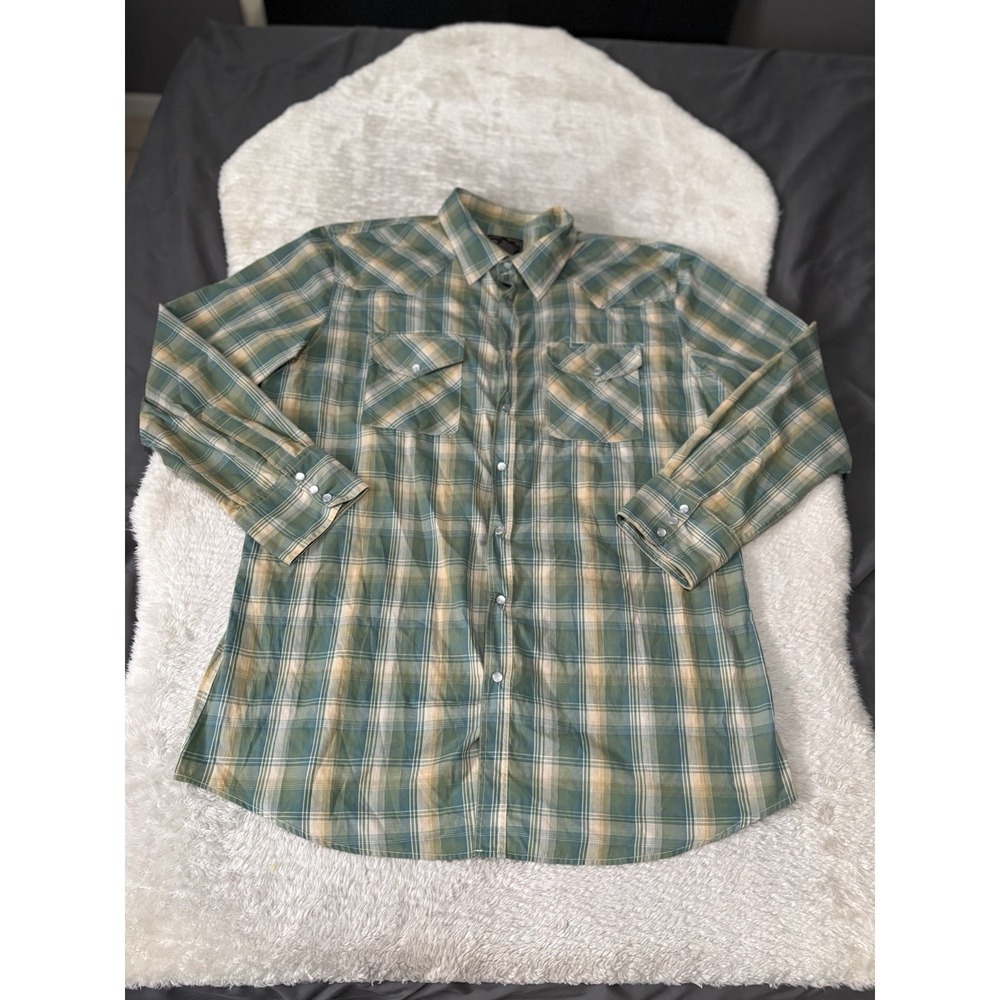 High Noon Mens Western Green Plaid Pearl Snap‎ Long Sleeve Shirt Size XLT Tall